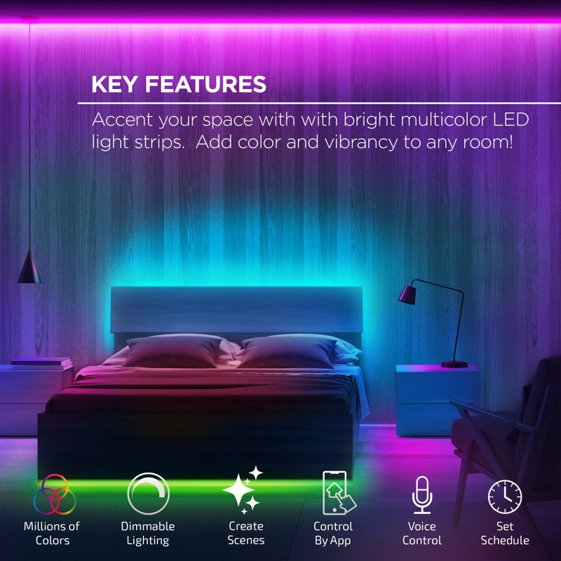 16ft Wi-Fi RGB LED Strip Lights - Dimmable, Weatherproof Smart Lighting Kit