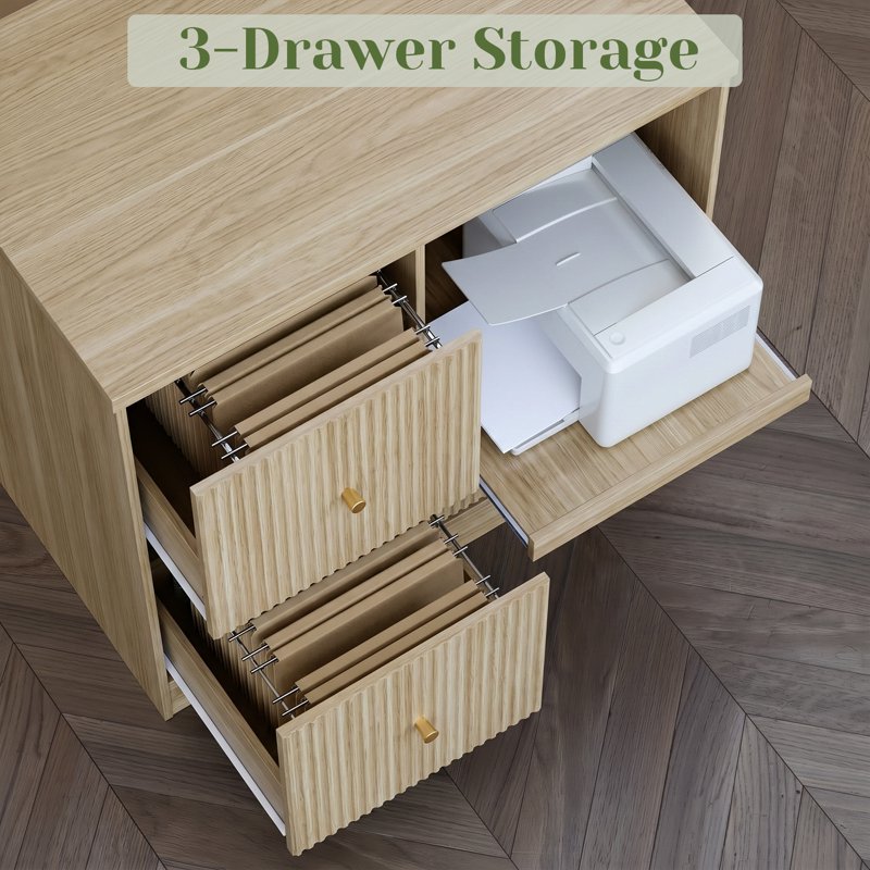 3-Drawer File Cabinet with Charging Station and Pull-Out Printer Stand - Natural Wood Finish