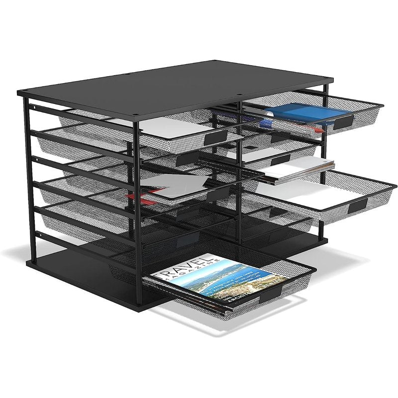 12-Compartment Mesh File Organizer with Sliding Drawers - Matte Black Office Storage