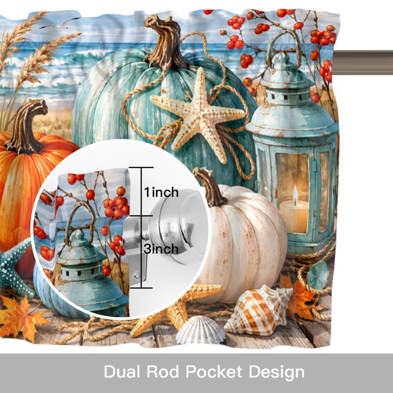 Coastal Fall Window Valance - Pumpkin & Starfish Sea Shell Design, Light Filtering Short Curtain