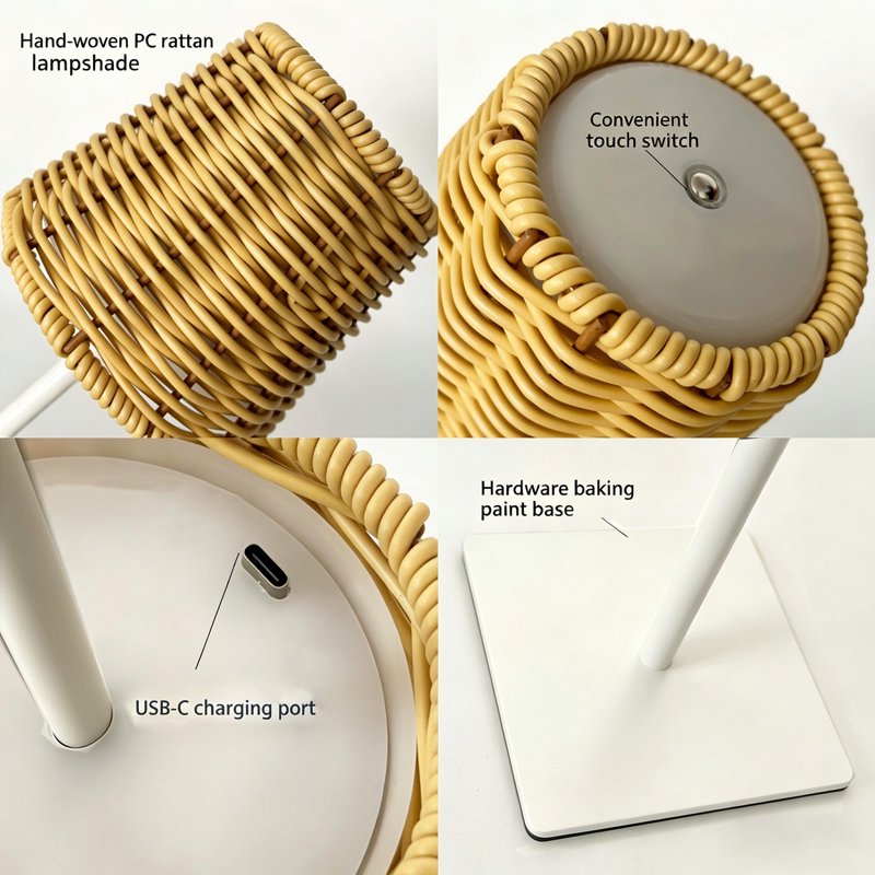 Cordless Rattan Table Lamp with Touch Dimming and USB Rechargeable Bedside Light