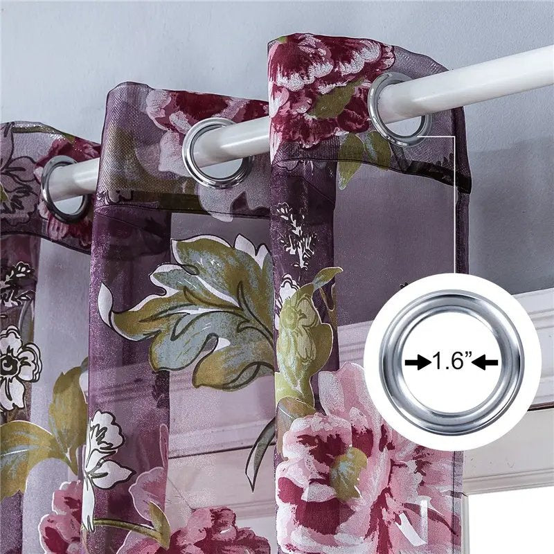 Sheer Floral Curtains 96 Inch Length - Purple & Pink Window Drapes