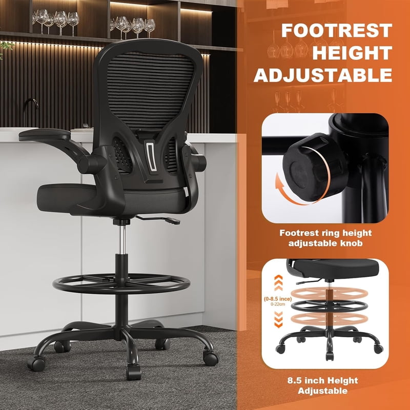 Ergonomic Tall Office Drafting Chair with Flip-Up Armrests & Lumbar Support