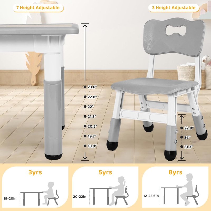Kids Height Adjustable Activity Table Set with Graffiti Desktop & Chairs - Toddler Play Furniture