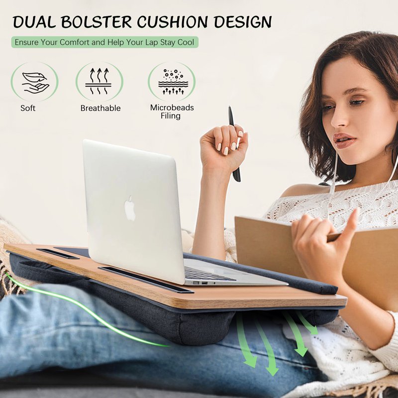 Coliware 21.6 inch Lap Desk with Dual Cushion, Wood Grain — Built-in Mouse Pad & Phone Storage