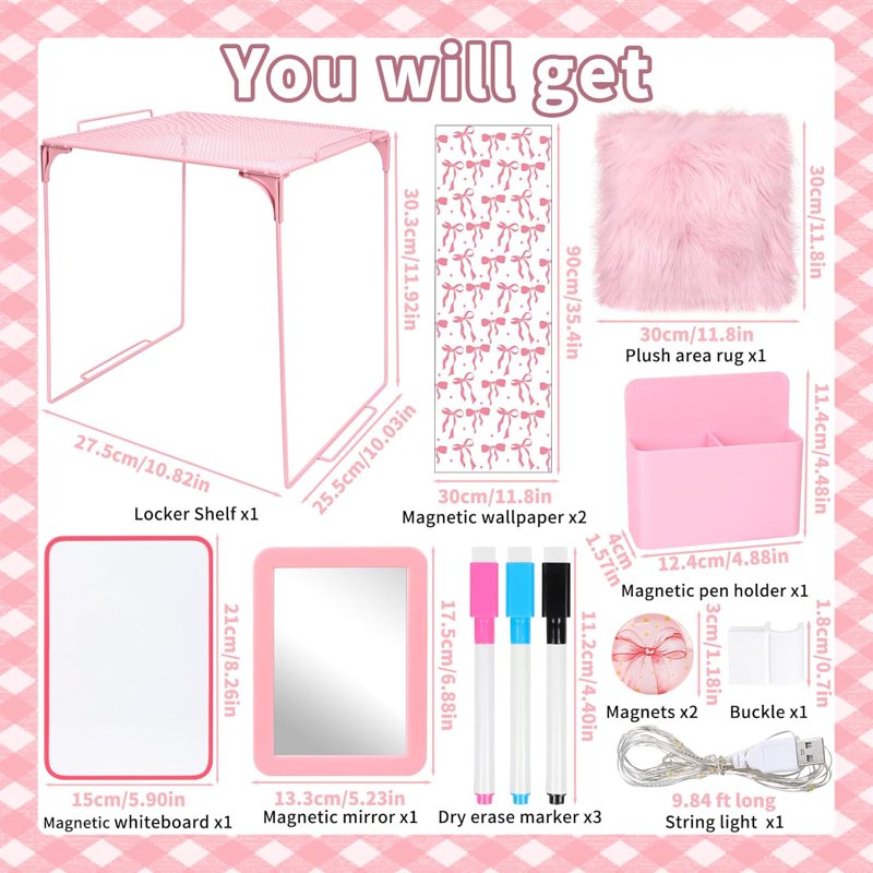 Pink Locker Accessories Kit 14 Pcs Back to School Locker Decor Organizer Supplies
