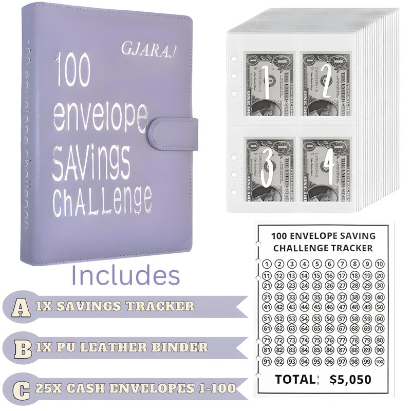A5 Money Saving Challenge Binder with 100 Cash Envelopes - Purple Faux Leather