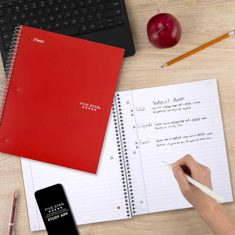5 Subject Spiral Notebook with Study App, Wide Ruled, 8x10.5 Inches, Fire Red