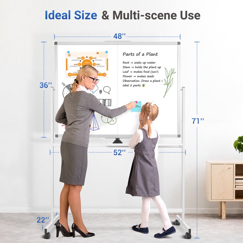 Large Double-Sided Mobile Whiteboard with Wheels, 48x36 Inches - Office & Classroom