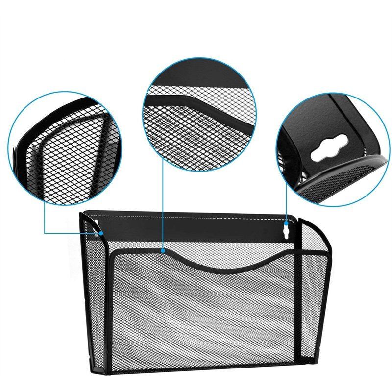 Wall Mount File Organizer with Metal Mesh Pocket for Office & Home