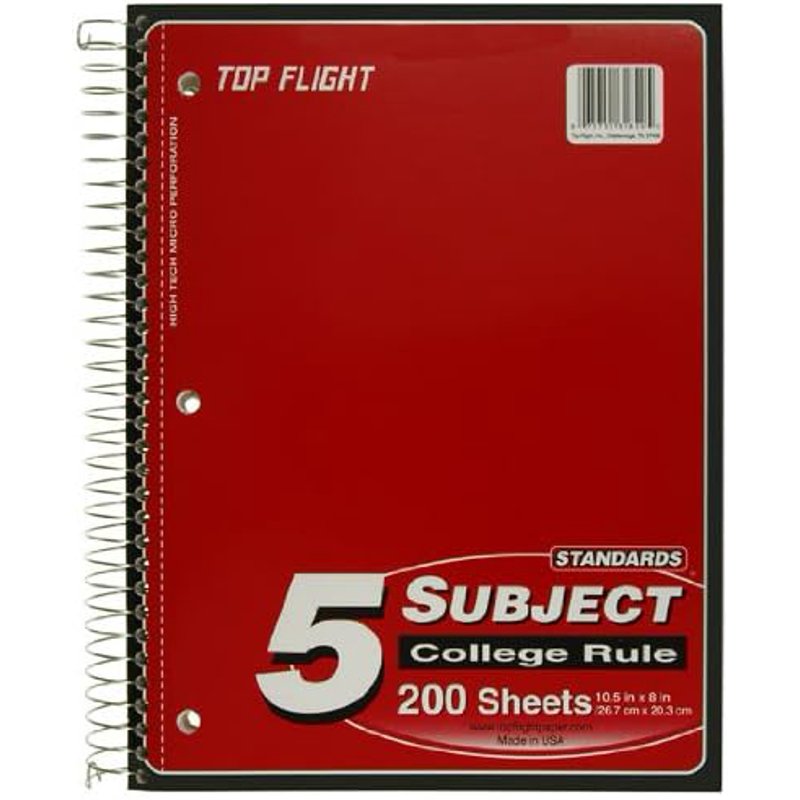5 Subject College Ruled Notebook with 200 Sheets - Spiral Bound, Assorted Colors, 10.5x8 Inches