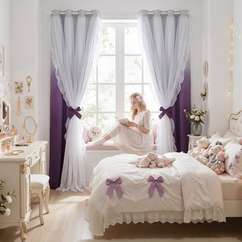 Kids Room Blackout Curtains with Sheer Ruffle Layer - Double Panel Thermal Insulated