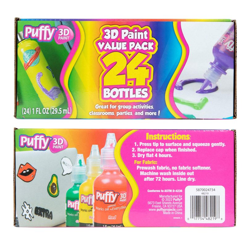 Puffy 3D Paint Artist Pack - Multi-Surface Permanent Puffy Paints, 24 Colors
