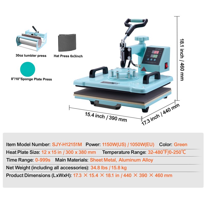 12x15 Inch Heat Press Machine with 5-in-1 Transfer Tool & Mug Press - Digital Control