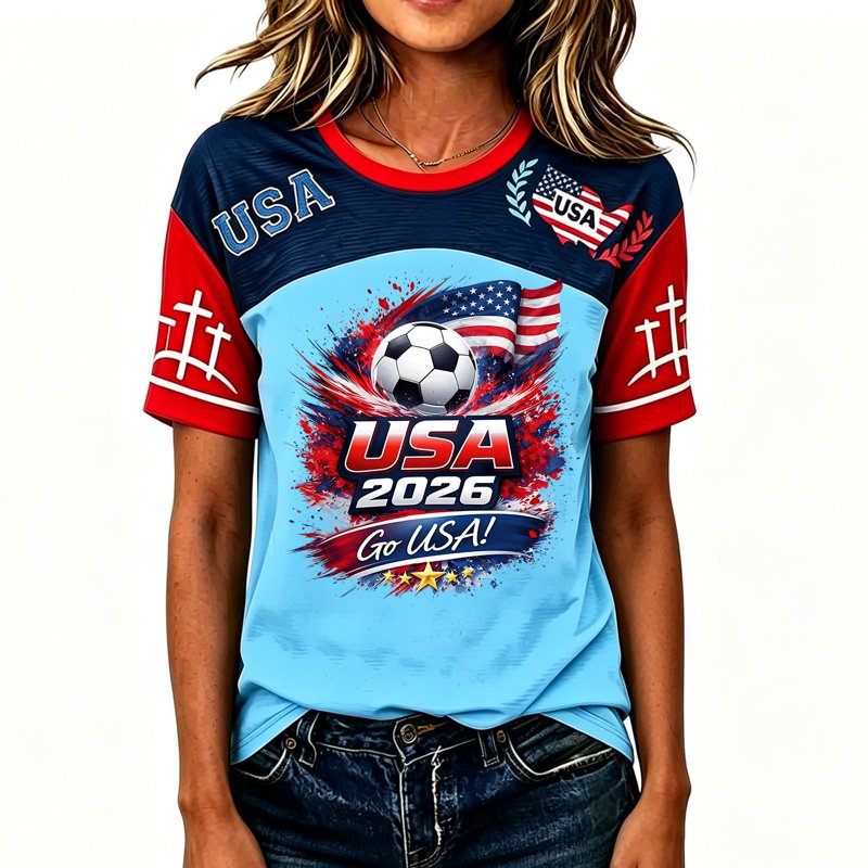S03 Light Blue JULMCOMO Women’s Soccer Cup V-Neck Short Sleeve Graphic Tee - 2026 Fan Wear, USA Flag