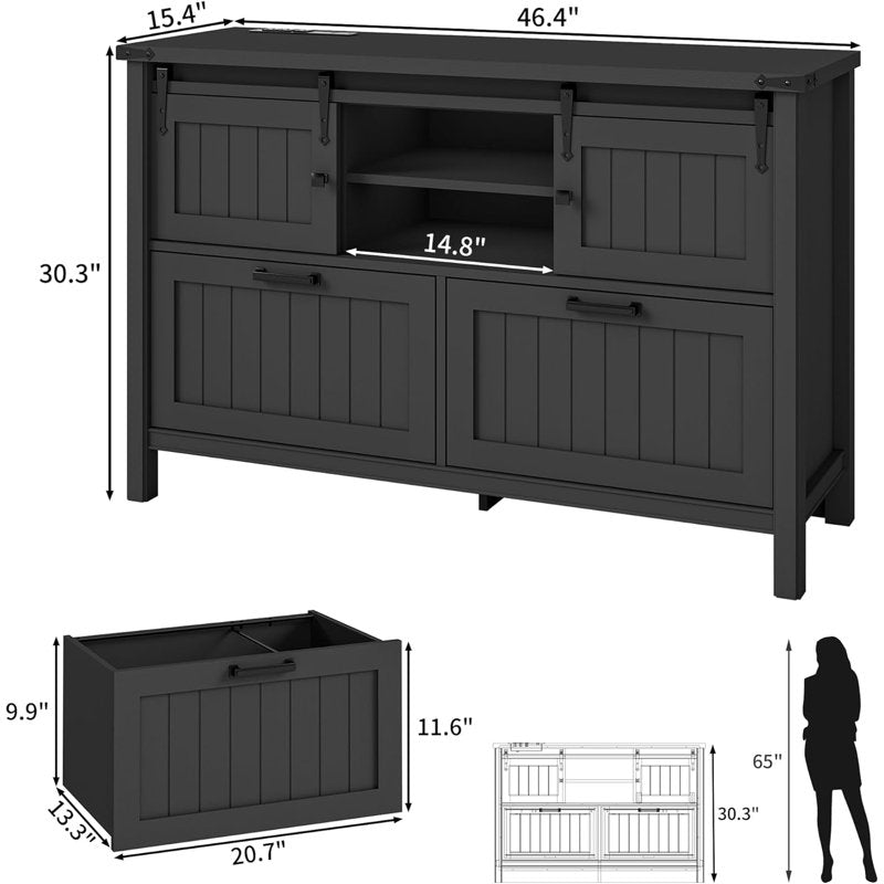 Farmhouse 2-Drawer Lateral File Cabinet with Sliding Doors & Charge Station