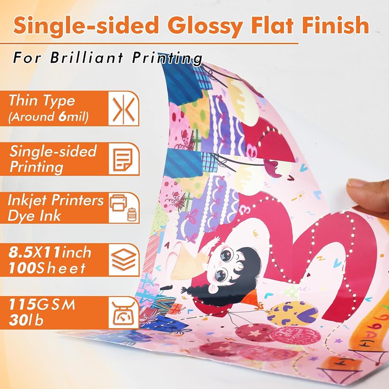 Glossy Inkjet Printer Paper 8.5x11 115gsm for Creative Projects, 100 Sheets