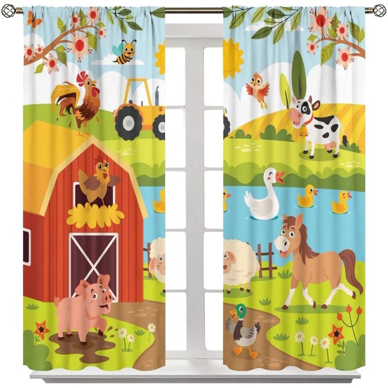 Farmhouse Cartoon Animal Pattern Insulated Curtains for Children’s Bedroom — 2 Panel Set