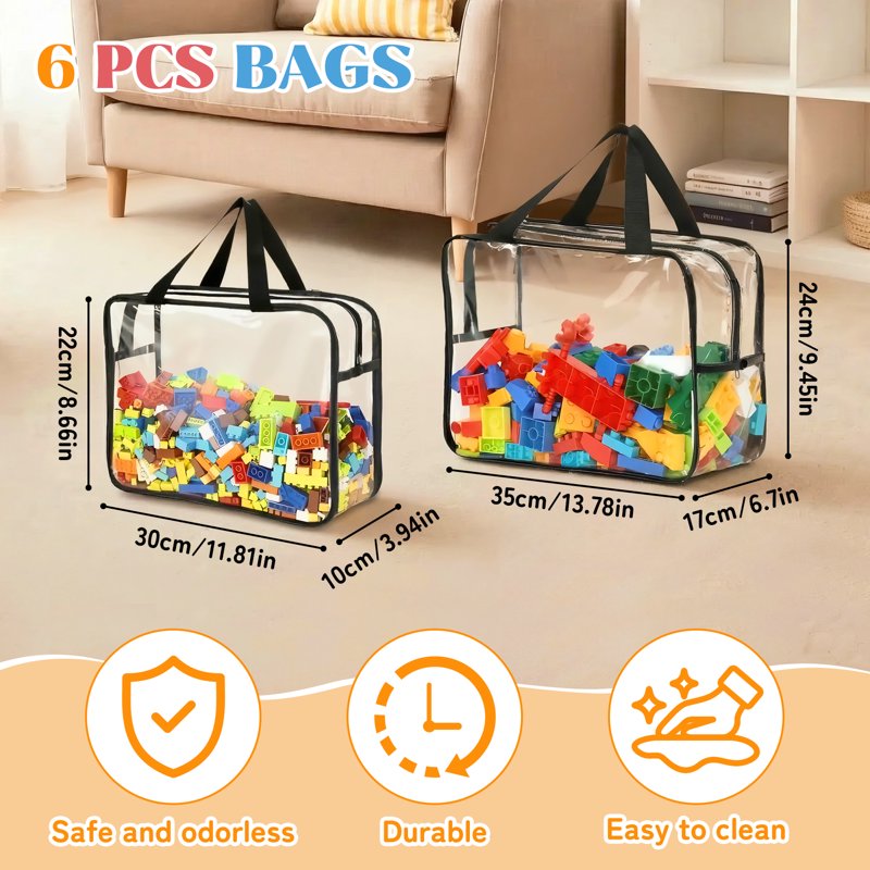 Clear Toy Storage Bags with Handles - 6 Pack, Waterproof Organizer Bins