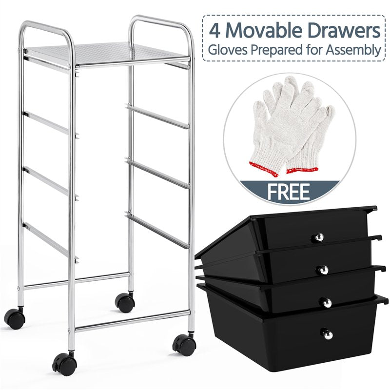 4-Drawer Metal Frame Storage Cart with Lockable Wheels, Black