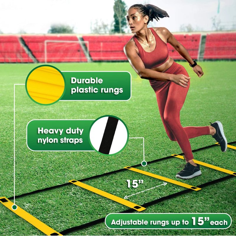 Speed Agility Training Kit: 20ft Adjustable Ladder, 12 Disc Cones, Stakes, Parachute