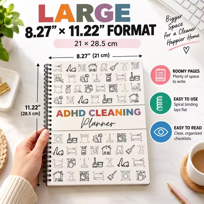 ADHD Cleaning Planner & Schedule Organizer - Household Chore Chart Notebook