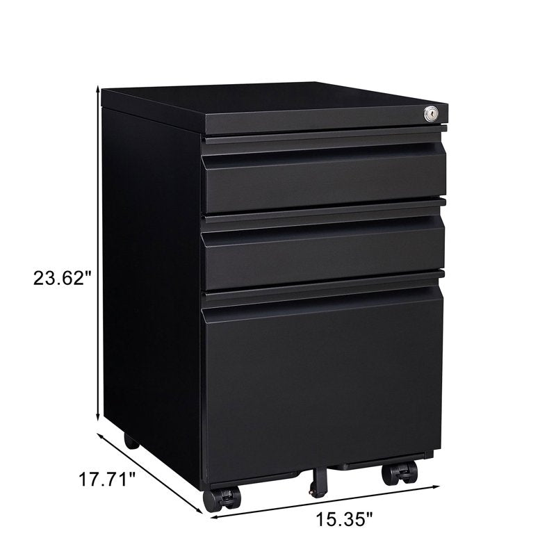 Lockable 3-Drawer Metal Filing Cabinet for Office Storage - Under Desk Mobile Filing Cabinet with Anti-Tilt Casters