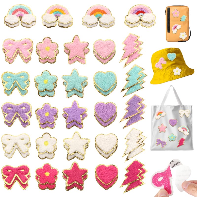 Self-Adhesive Chenille Patches Set of 58 - Rainbow, Heart, Star & Flower Embroidered Stickers for Clothing & DIY Decor