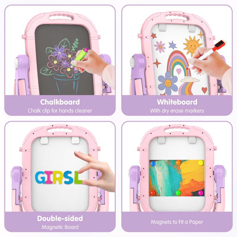 Kids Art Easel for Drawing & Painting - Adjustable Double-Sided Magnetic Whiteboard & Chalkboard, Creative Toddler Art Station