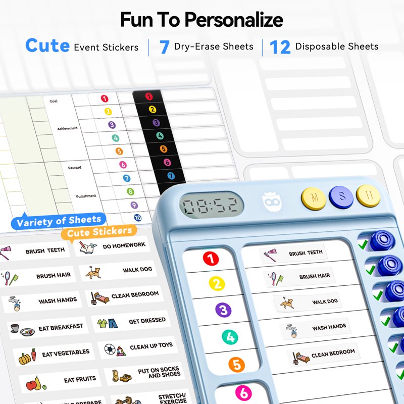 Magnetic Chore Chart with Timer ADHD Visual Schedule Daily Routine Planner