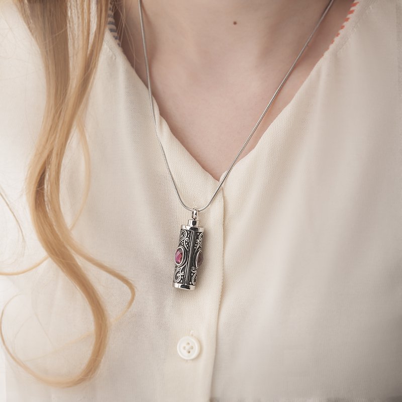 Memorial Urn Necklace with Stainless Steel Cylinder and Purple or Blue Crystal