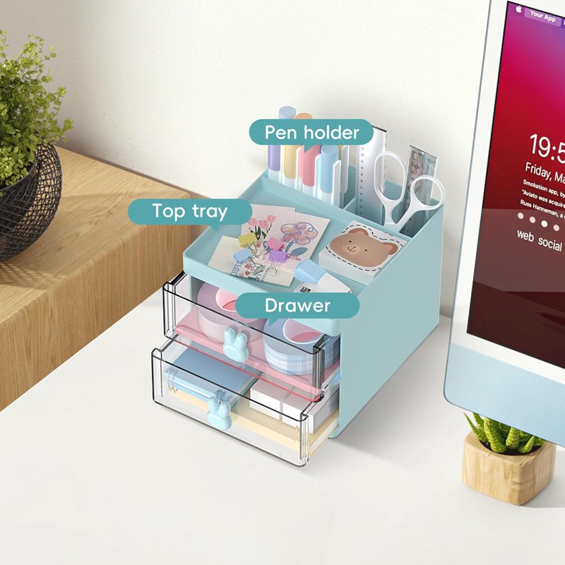 Multi-Functional Desk Organizer with 2 Drawers and Compartments - Blue, Pink, White