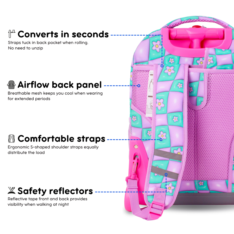 Kids Rolling Backpack with Wheels & Tote for School & Travel - Puffy Flower