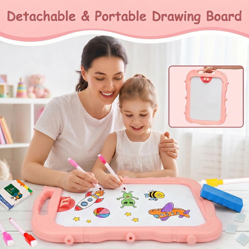 Kids Art Easel with Adjustable Height & 360° Rotation - Double Sided Drawing Board with Accessories, Pink