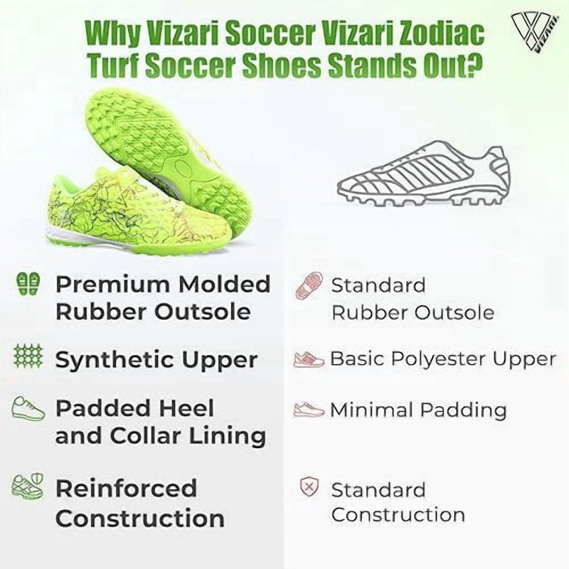 Vizari Zodiac Turf Soccer Shoes for Youth - Hook & Loop Closure, Green, Size 4