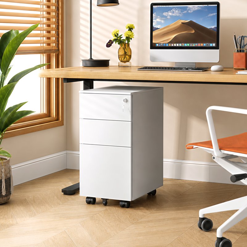 Metal 3 Drawer File Cabinet with Lock, Under Desk Office Storage, White