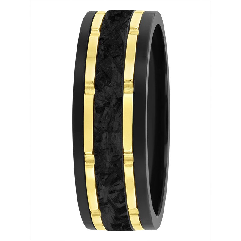 Men's Black Tungsten Wedding Band with Carbon Fiber Inlay & Yellow Grooves – Custom Sizes