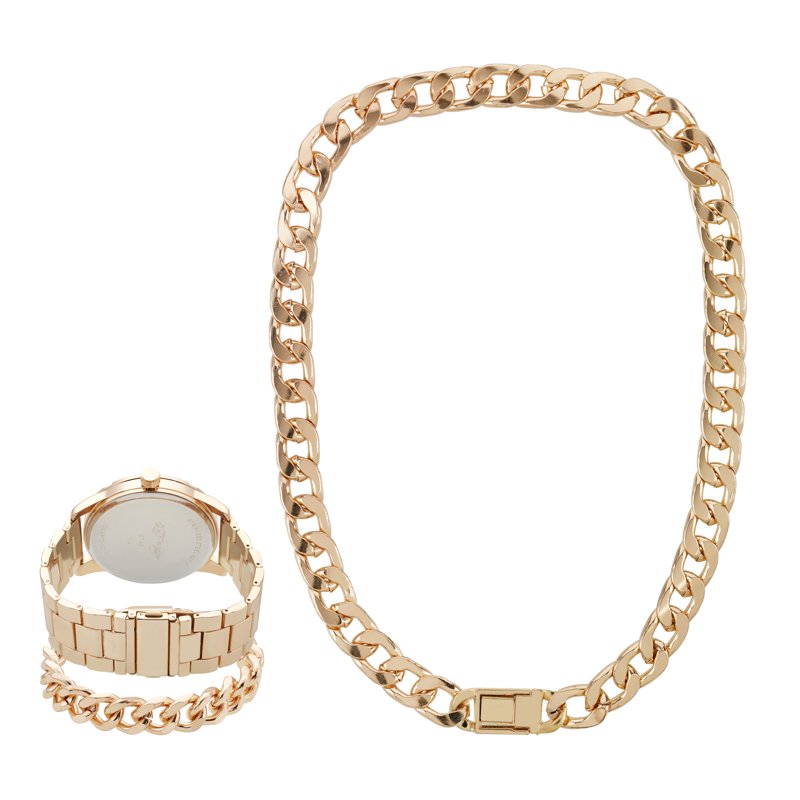 Men's Gold Metal Strap Watch Set with Necklace & Bracelet - 46mm