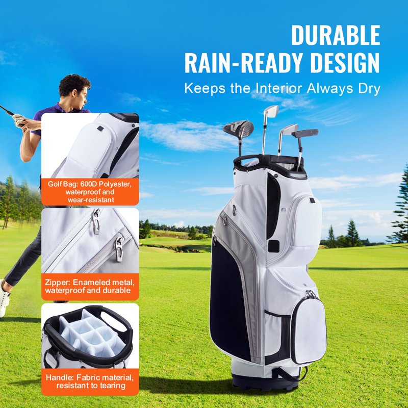 Golf Bag with 14-Way Divider, 36", 13 Pockets, White Color-Block Design – Waterproof, Durable