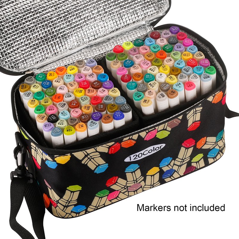 Marker Pen Organizer Case with Multiple Compartments and Carry Handle - Holds 120 Markers