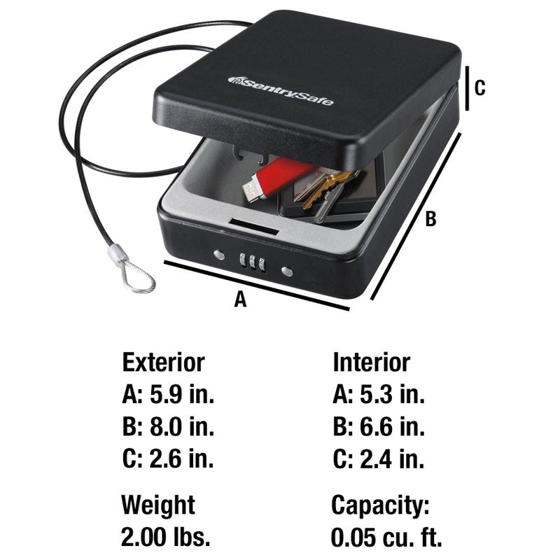 Portable Security Safe with Combination Lock, Tethering Cable, 5.9 x 8 x 2.6 Inches