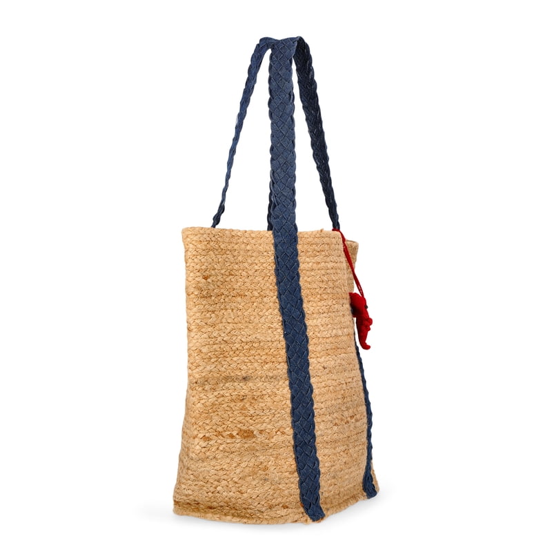 Women's Beach Tote Bag with Jute Material and Tassel - Natural Blue Denim