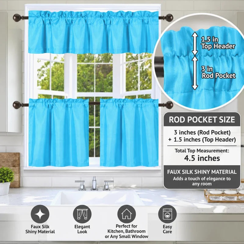 Faux Silk Blackout Kitchen Curtain Set - 3 Piece Window Treatment, Multiple Colors