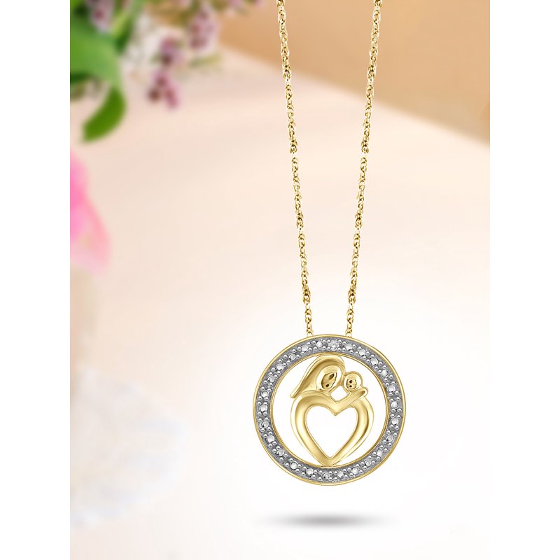 Sterling Silver Mom Necklace with White Diamonds and 14k Gold Over Silver – Mother Daughter Gift