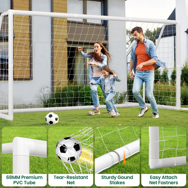 SLSY 12ft Soccer Goal - White Non-Folding 12x6 Backyard Training Net + Ground Pegs
