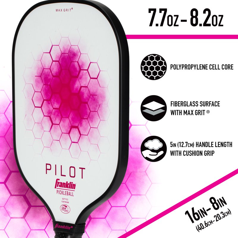 Franklin Pilot Pickleball Paddle - White/Pink, USAPA Approved, 7.7-8.2 oz