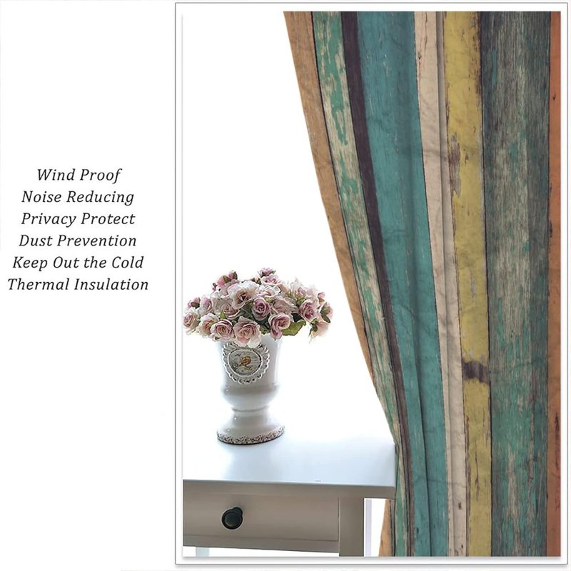 Vintage Style Window Curtain Panels with Wooden Board Design - Room Darkening, 2 Panels