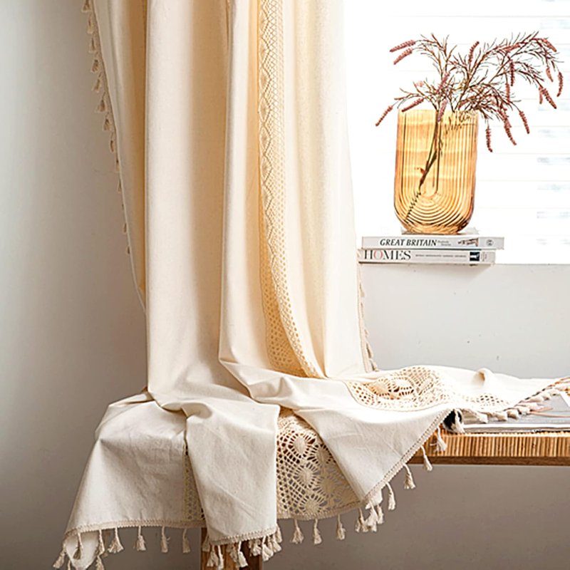 Boho Bedroom Curtain Panels - Cream Crochet Stripes Floral Patchwork Semi-Blackout Farmhouse Drapes