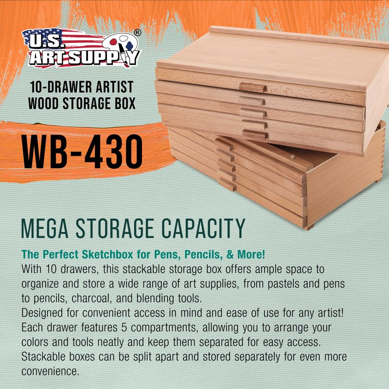Art Supply Storage Box with 10 Stackable Elm Hardwood Drawers for Pastels Pens & Pencils