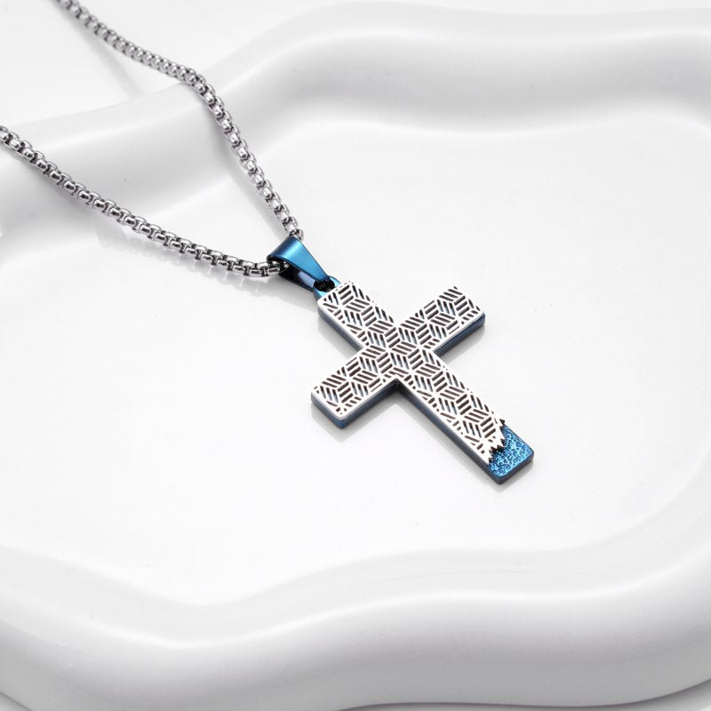 Men's Stainless Steel Cross Pendant Necklace with Cobalt Drip Design